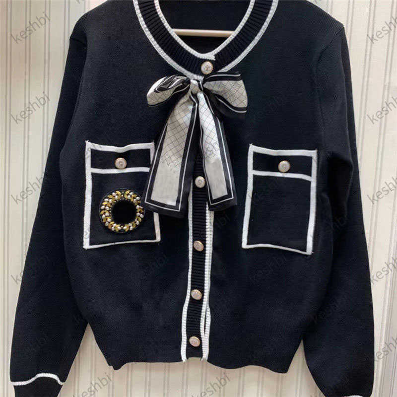 

Women' Sweaters Autumn Women Luxury Designer High Quality O-neck Cardigan Sweater Coats Fashion Bow Tie, Black