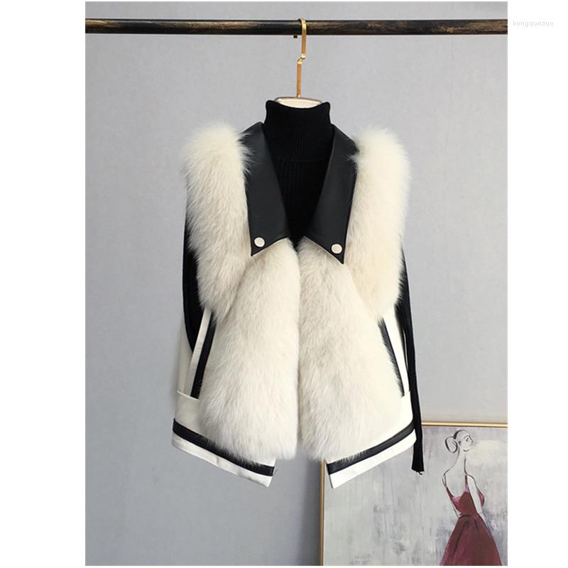 

Women's Fur 2022 Design Women's Turn Down Collar PU Leather Patchwork Faux Sleeveless Short Vest Coat Warm Thickening Casacos Plus S, Beige