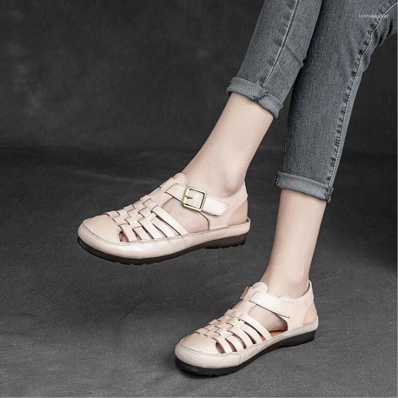 

Sandals Retro Comfortable Casual Baotou Women's Shoes Toe Layer Cowhide Soft Soles Non-slip Breathable Roman, Beige