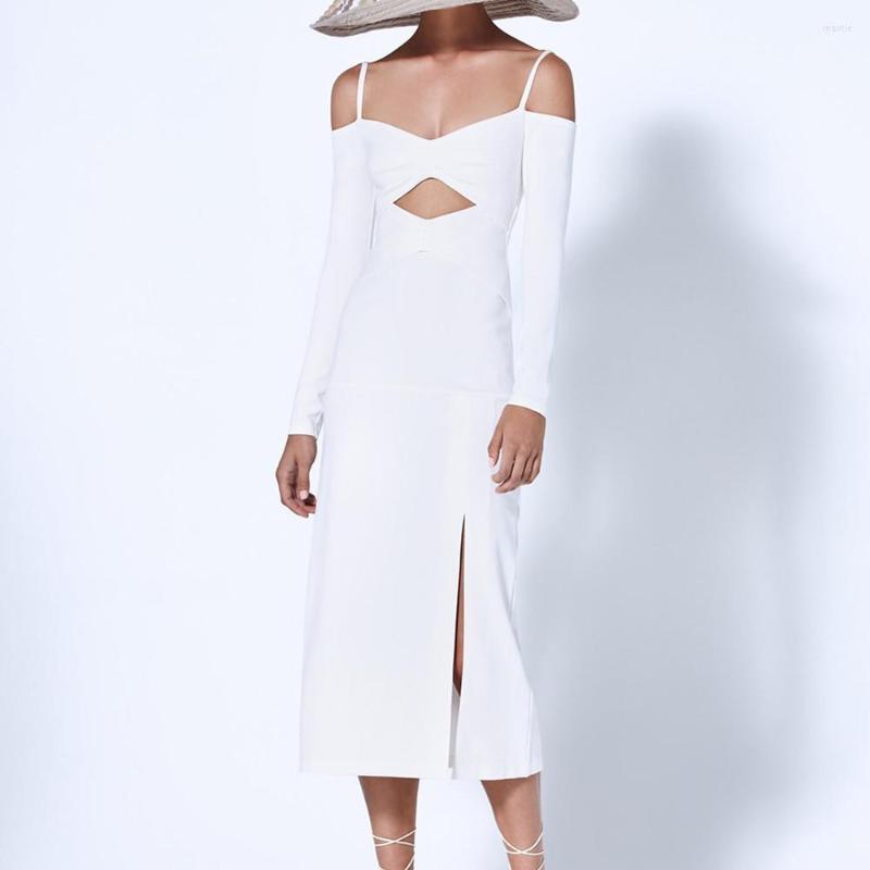 

Casual Dresses Women Winter Sexy Long Sleeve Key Hole Split White Black Midi Bodycon Bandage Dress 2022 Elegant Evening Party Vestido