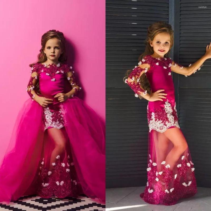 

Girl Dresses Dark Pink Detachable Tulle Flower Appliques Lace Floor Length Full Illusion Sleeves Dress, Black