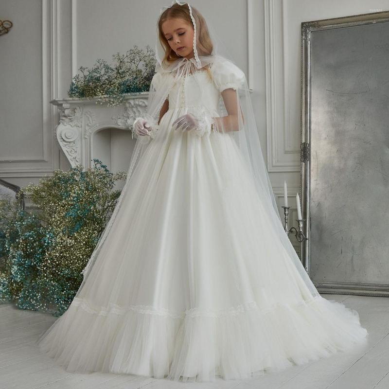 

Girl Dresses Bohemian 2022 Flower With Wrap Boho Short Sleeve Little Kids Birthday Party A Line First Communion Dress, Blue