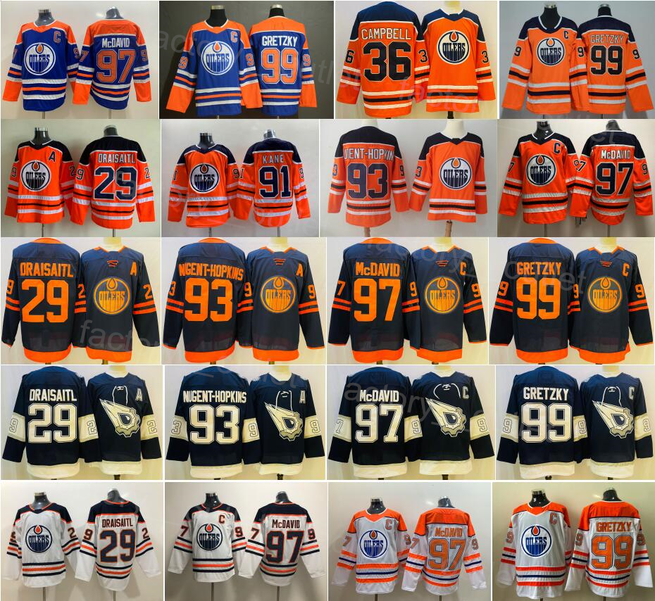 

Reverse Retro Edmonton Hockey Oiler 97 Connor McDavid Jerseys 29 Leon Draisaitl 93 Ryan Nugent-Hopkins 99 Wayne Gretzky Navy Blue White Orange Team Away Stitched