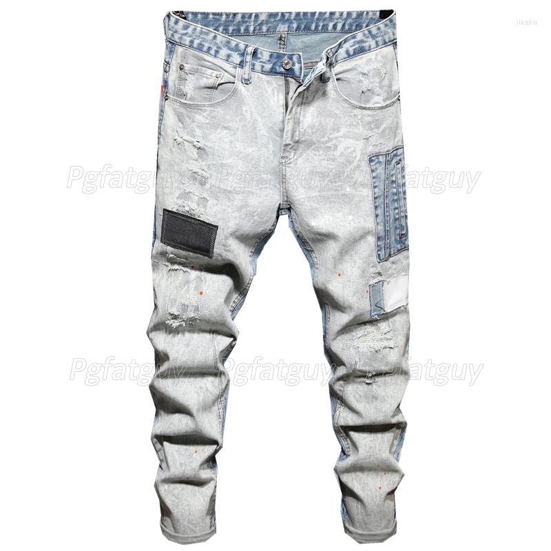 

Men's Jeans Spring Autumn Ripped Patch Color Matching Men's 2022 Style Slim-fit Stretch Denim Pants Retro Holes Trendy Streetwear, 3039