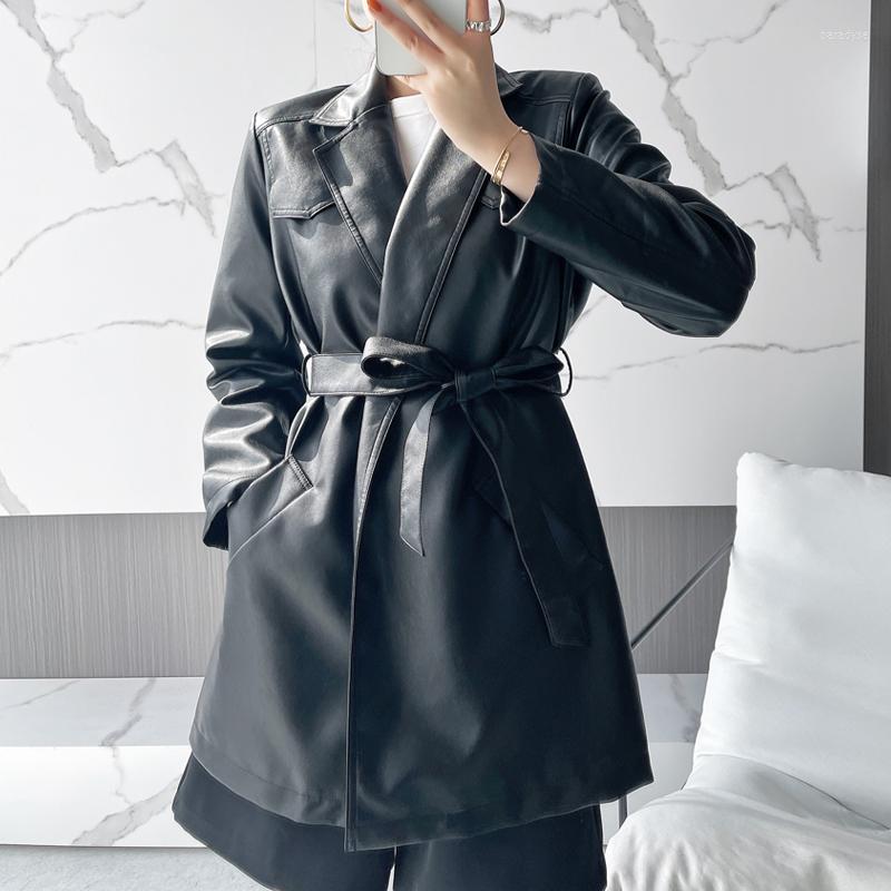 

Women's Leather Spring Autumn Faux Jacket Women Medium Long Coats Female 2022 Korean Fashion Casual Biker Y2k Racer Outerwear, Black