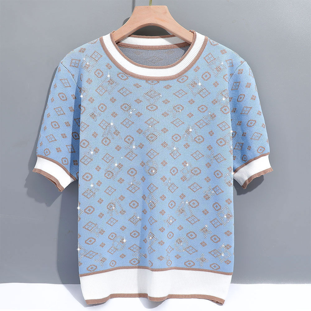 

Women's T-Shirt Luxury DesignV Hot Rhinestone Loose Knitted Sweater Fashion Geometric Jacquard Jumpers Short Sleeve Summer Casual Knit Pullover
