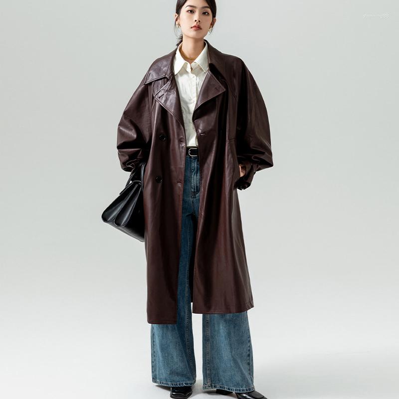 

Women's Leather Johnature Fashion PU Long 2022 Spring Winter Double Breasted Women Temperament Coat All Match Loose Trench Coats, Black