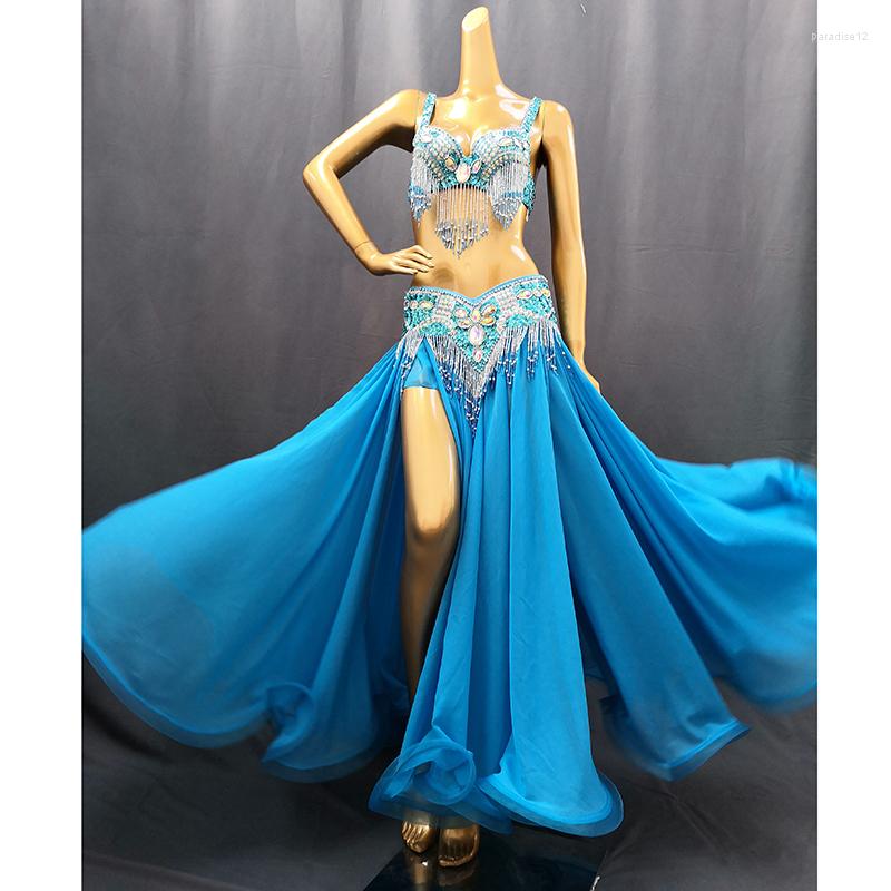 

Stage Wear Belly Dance Costume Carnival Halloween Costumes For Women Rave Outfits Bra Belt Skirt Sets Female Clothing, Blue