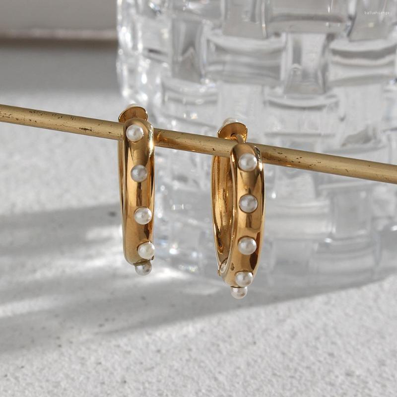 

Hoop Earrings Elegant Round Stainless Steel For Women Luxury Gold Color Pearl Charm Thick Chunky Huggies Fashion Kpop