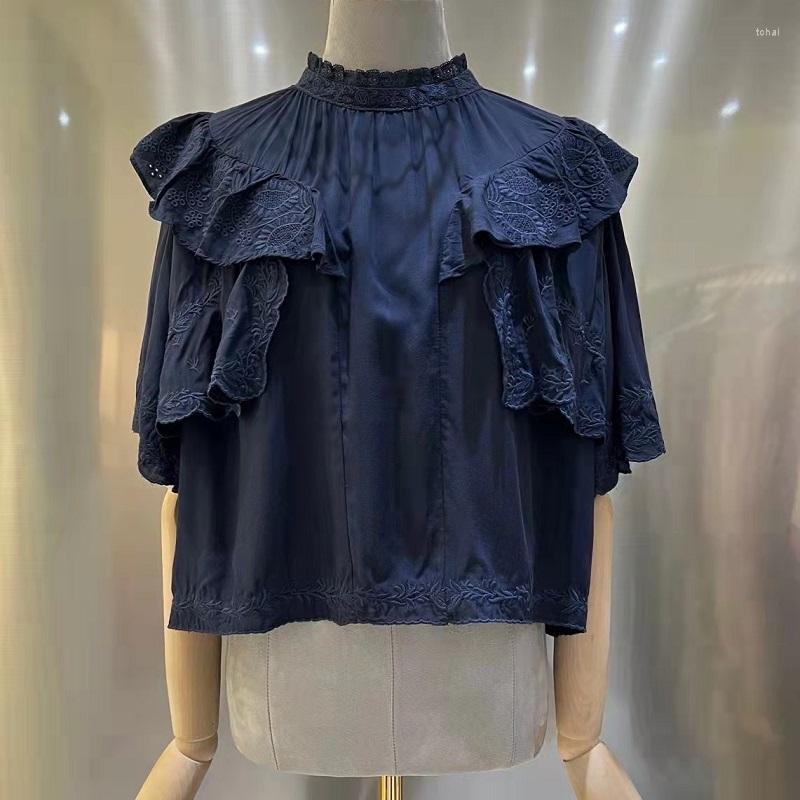 

Women' Blouses Est Fashion 2022 Spring Summer Dark Blue Apricot Tops High Quality Cotton Women Ruffle Floral Embroidery Vintage