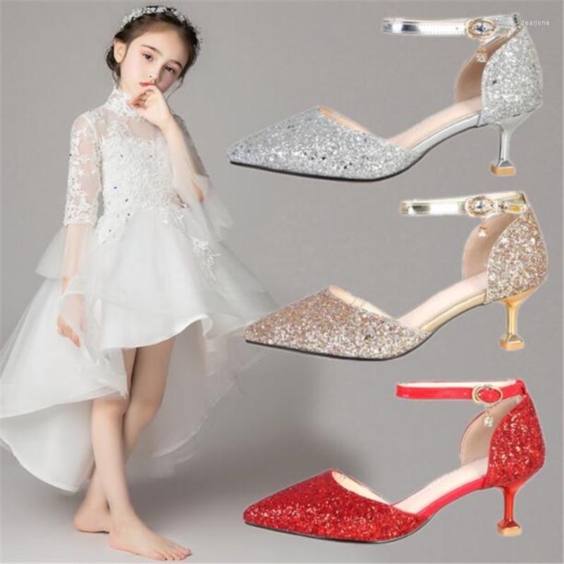 

Flat Shoes Children Leather For Girls High-heeled Party Dance Kid Sequins Glitter 5cm Heeled, Red thin heel 5cm