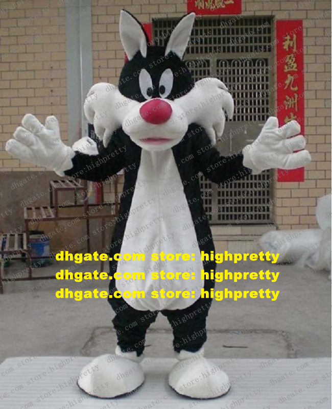 

Smart Black Sylvester Cat Mascot Costume Mascotte Moggie Kitten Wolf Adult With Big White Ears Big Red Nose No.2579, As in photos