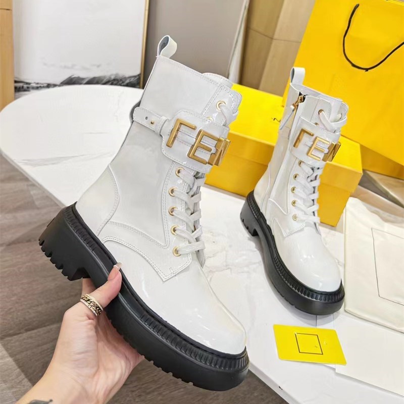 

New Designer Women Boots %100Genuine Leather shiny Detachable Combat Shoes Outdoor Thick Bottom Mid-length Boot size35-41, Box