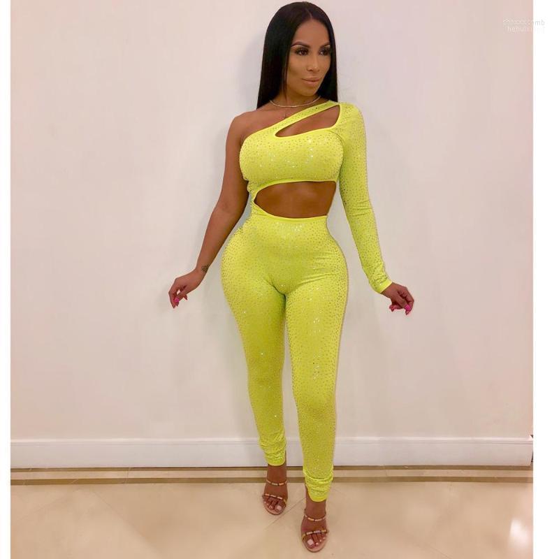 

Women's Jumpsuits Women's & Rompers AHVIT Style Hollow Out Solid Color Skinny Women One Shoulder Long Sleeve Fashion Nightclub Party, Yellow