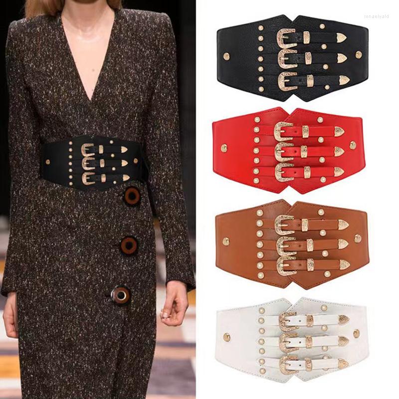 

Belts European And Retro Pattern Buckle Elastic Girdle Wild Women Wide Belt Shirt Dress Coat Rivet Punk Waistband, Black