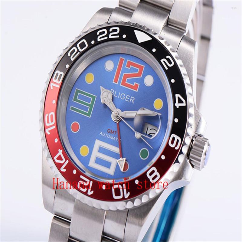 

Wristwatches Sapphire Crystal 40mm Blue Dial Black Red Alloy Bezel GMT Function Luminous Stainless Band Automatic Movement Men's