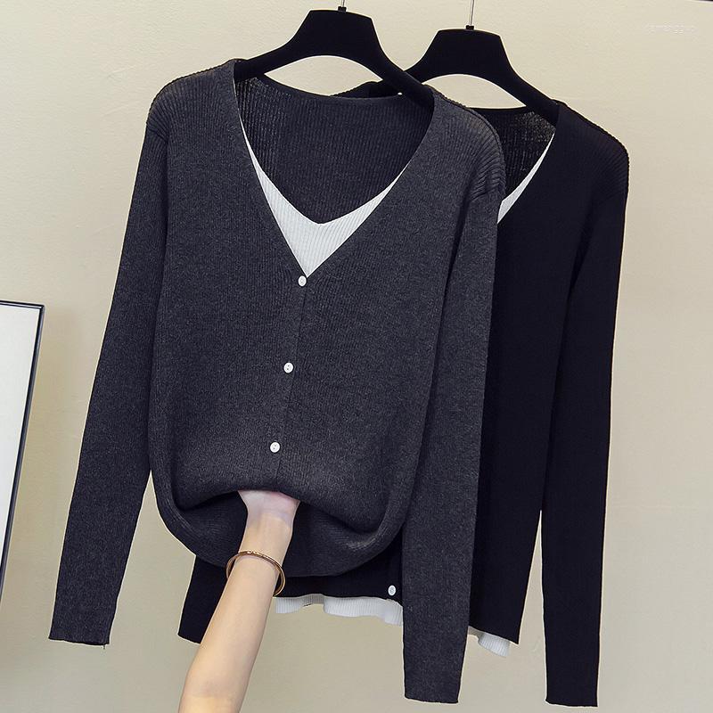 

Shirt Women's Plus Size 728 Autumn Women Knitted Pullovers V Neck Long Sleeves Fake Two-Piece Patchwork Loose Large 4Xl Simple Sweater, 728 gray