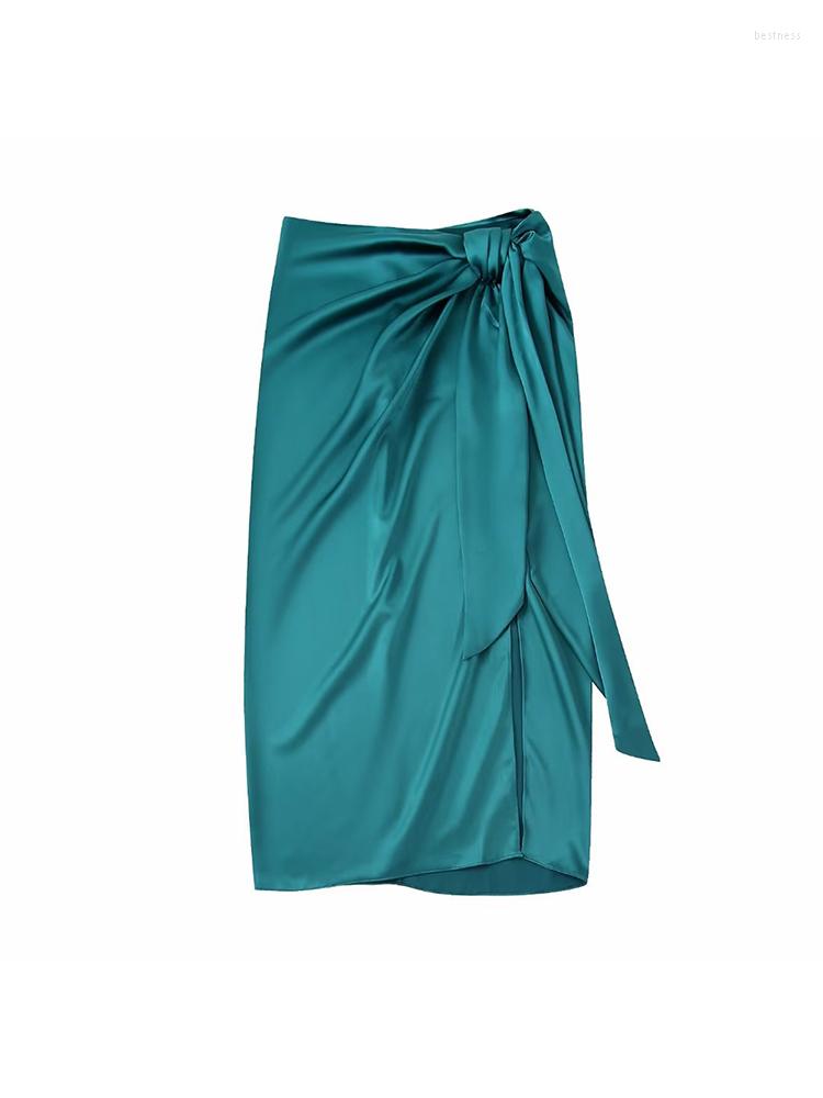 

Skirts Women's Fall 2022 Casual Chic Knotted Silk Satin Textured Midi Skirt Retro Back Zip Slim Fit Solid, As shown