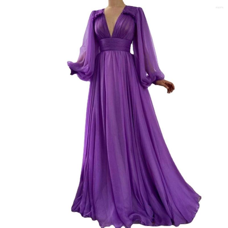 

Casual Dresses Temperament Purple Woman Princess Evening Gowns Hight Waist Deep V Neck Lantern Sleeve Mesh Maxi