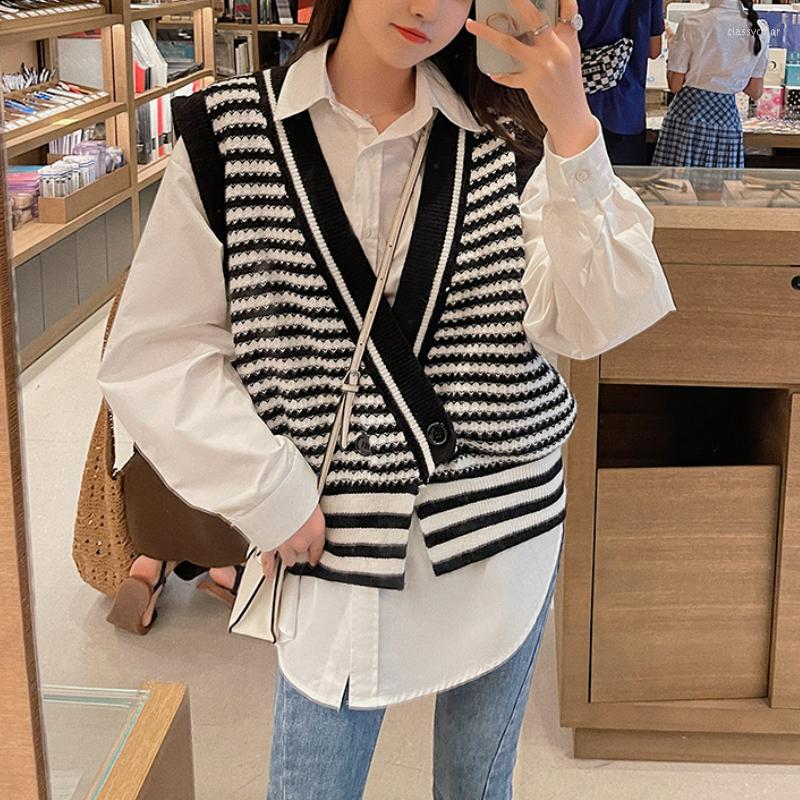 

Women' Vests Elegant Sweet Striped Knitted Vest Women 2022 Vintage V-Neck Outwear Korean Sweater Coat Female Autumn Winter Chic Bottom Tops, Striped vest