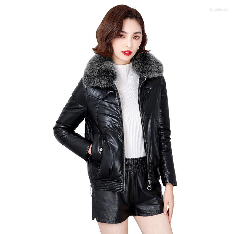 

Women's Leather 2022 Women Winter Sheepskin Coat White Duck Down Thick Warm Overcoat Elegant Ladies Plus Size Loose Jacket OK1301, Beige