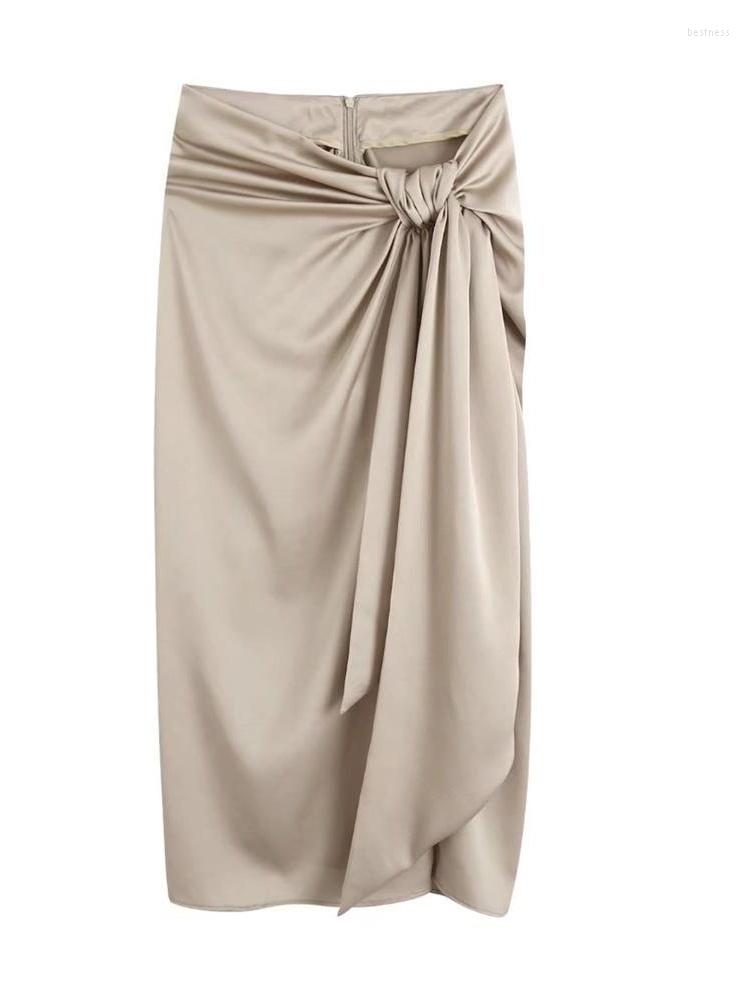 

Skirts ZXQJ Women 2022 Fashion With Knotted Gathered Front Slit Midi Skirt Vintage High Waist Back Zipper Female Mujer, Picture shown