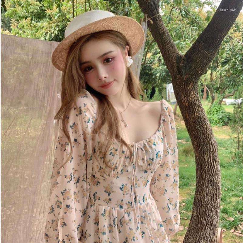 

Casual Dresses Floral Dress Women Korean Style Elegant Square Neck Fashion Puff Sleeve Ruffle For Robe, Photo color