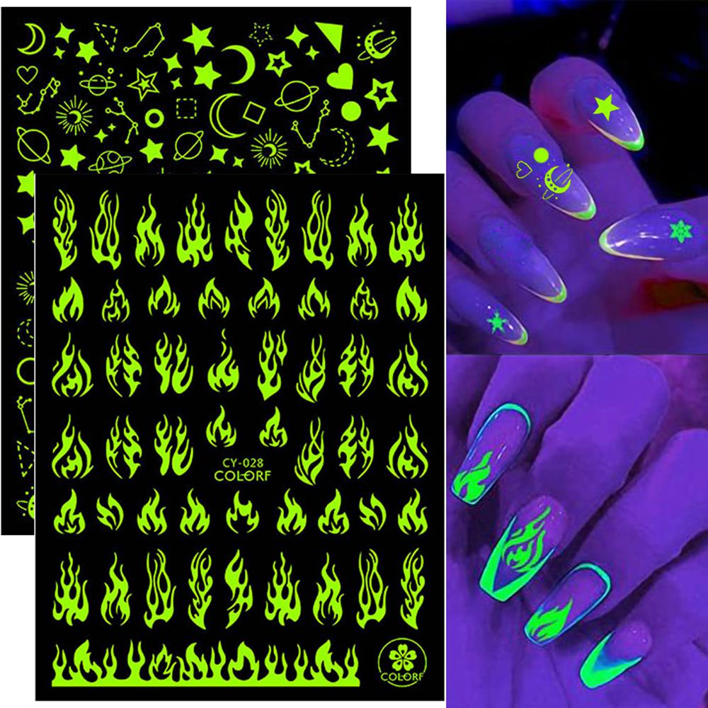 

3D Luminous Nail Stickers Flame Butterfly Star Moon Glitter Design Glow in The Dark Slider Manicure Decorations, As picture show