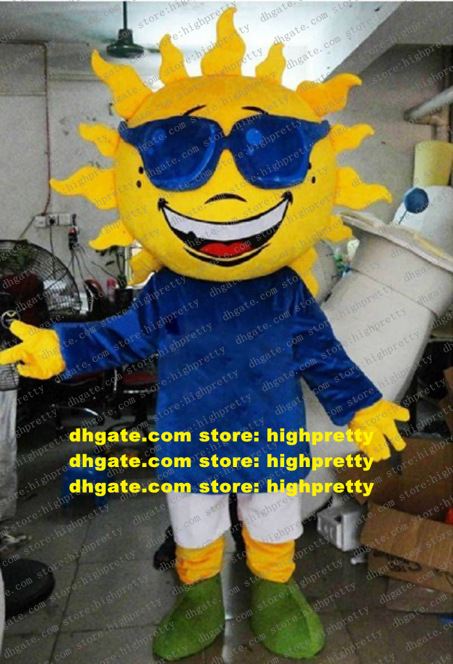 

Handsome Yellow Sun Mascot Costume Adult Size With Blue Sunglasses Sharp Short Hairs Round Big Face Short Eyebrows No.6972, As in photos