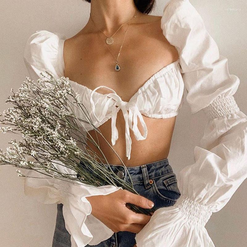 

Women' Tanks Women' Women' Cropped Shirt Lace-up Top Puff Long Sleeve Ruffle Cuff Bowknot Wrapped Bra Party Clothes Trumpet, White