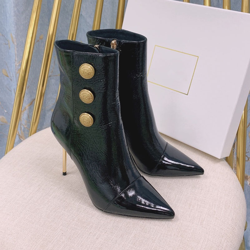 Boutons ronds en métal en cuir Bottines Mode Chaussures à bouche de poisson zip latéral Bout pointu talon aiguille designer chaussons chaussure d