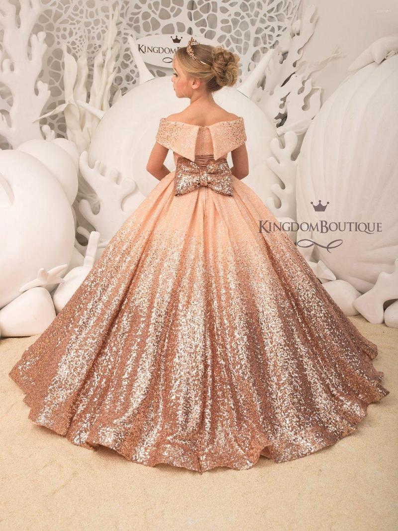 

Girl Dresses Gradient Pink Organza Flower Boat Neck Sequined Bow Ball Gown Princess Pageant Party Dress, Gold