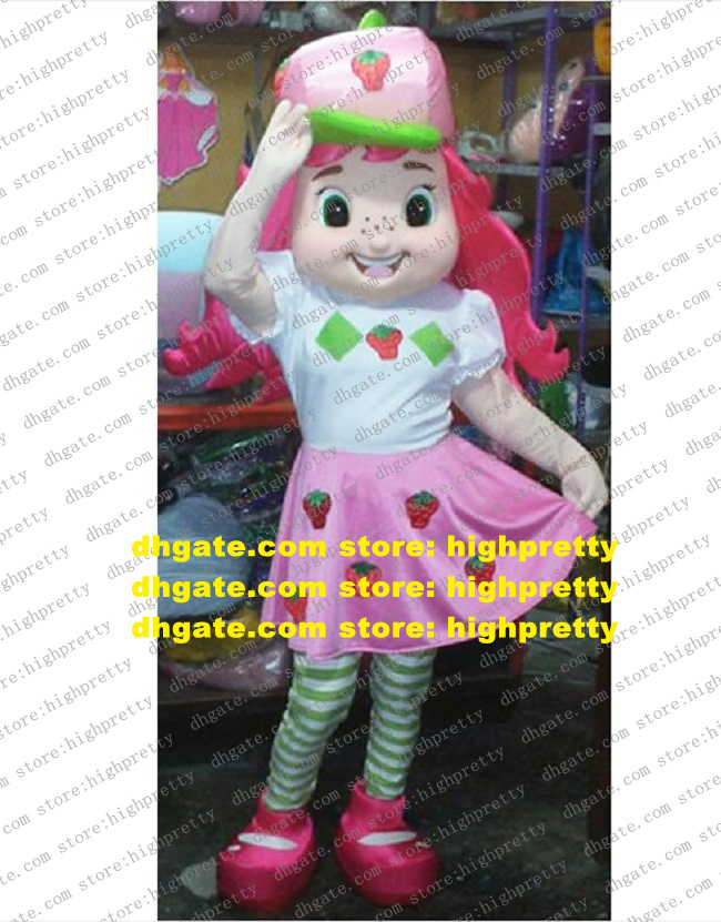 

Fancy Pink Strawberry Shortcake Mascot Costume Mascotte Lassock Girl Adult With Green Eyes Pinks Green Hat No.1853, As in photos