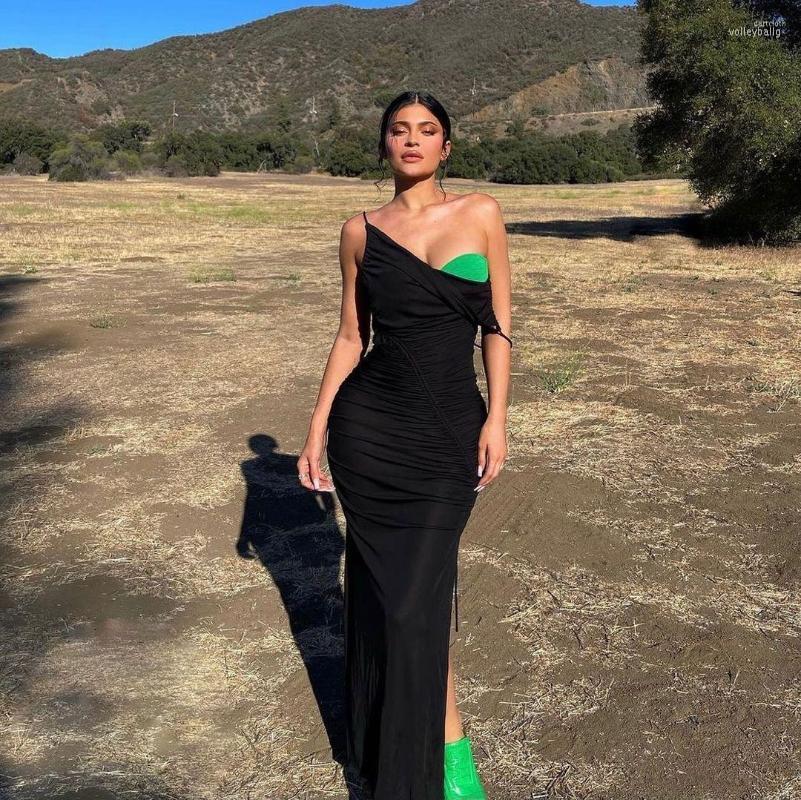 

Casual Dresses HIGH STREET Latest 2022 Fashion Star Style Designer Women's One Shoulder Color Block Sling Asymmetrical Party Dress, Black