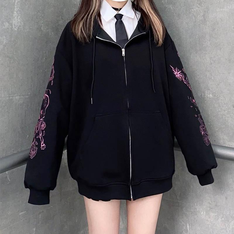 

Women' Hoodies Black Hip Hop Zip Up Jacket Zipper Women Street Style Y2k Clothes Cartoon Print Harajuku Hoodie Autumn Winter Goth Coat