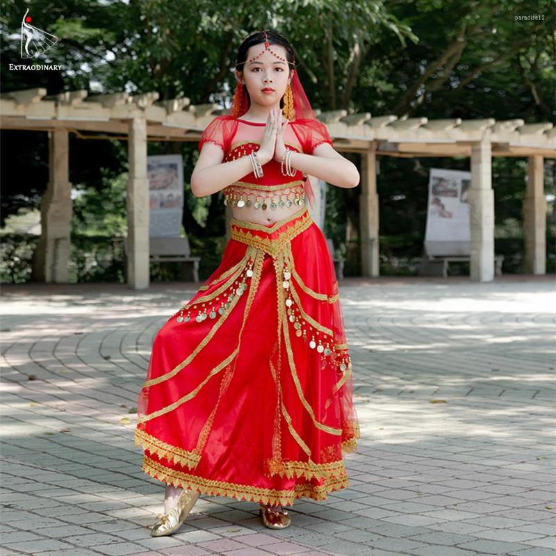 

Stage Wear Sari Bollywood Dance Costume Set Girls Kids Clothing Belly Children Halloween Top Pants Headdress 3pcs, Red