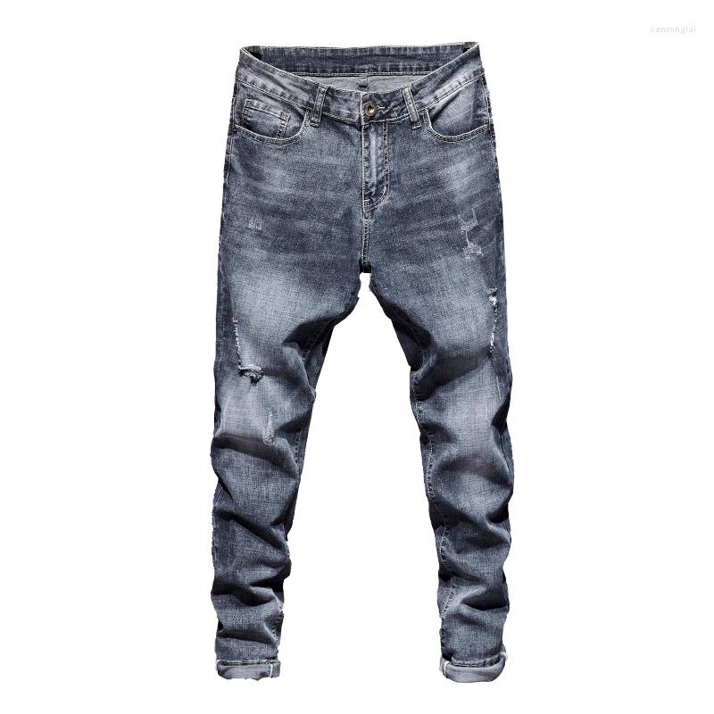 

Men's Jeans Revival Men Blue Stretch Slim Fit Ripped Distressed Streetwear Denim Pants Casual Retro Man Trousers Hiphop Jean Homme, Blue gray