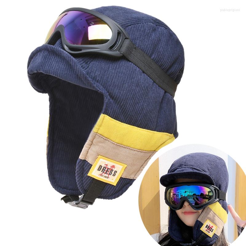

Berets Winter Bomber Hat For Women Russian Thick Warm Windproof Cycling Trapper Cap With Earflaps Female Snow Ski Glasses, Khaki with glasses