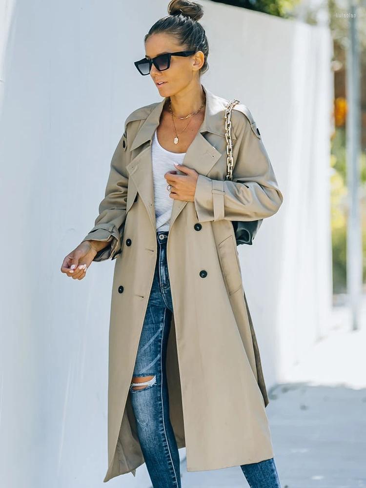

Women' Trench Coats Long Coat Women Winter Autumn Outerwear Solid Color Streetwear Elegant Office Style Aesthetic Double Breasted, Khaki