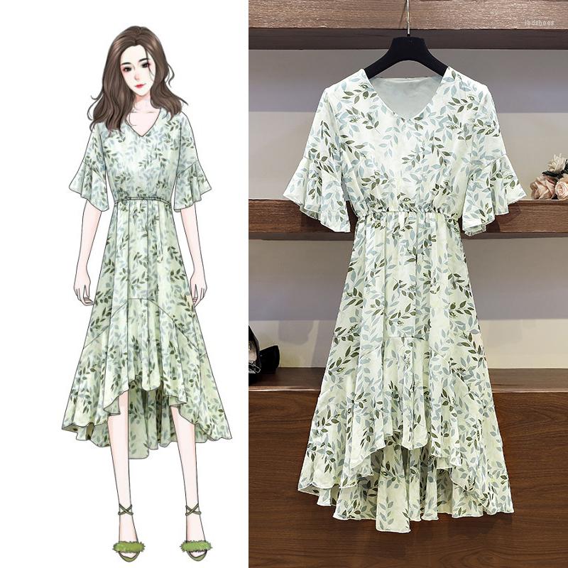 

Party Dresses Summer Chiffon Floral Print Plus Size Half Lotus Leaf Sleeve V-Neck -Length A-Line Irregula Green Blue Cocktail 9136