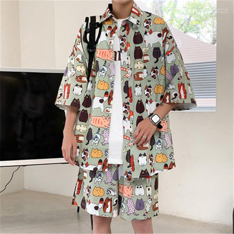 

Men's Tracksuits Summer Man Sets Casual Shirts And Shorts Fashion Cartoon Graffiti Print Couples Wear Oversize Two-Piece Suit Streetwear, Photo color