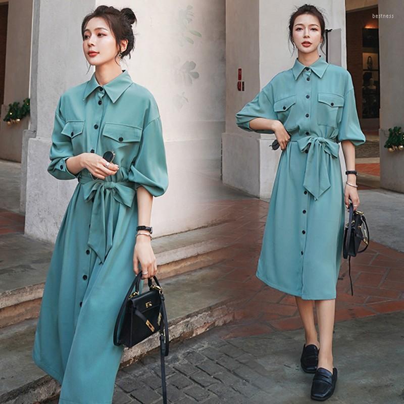 

Casual Dresses 2022 Spring Autumn Women Long Shirt Dress Sleeve Single Breasted A-line With Belt, Black