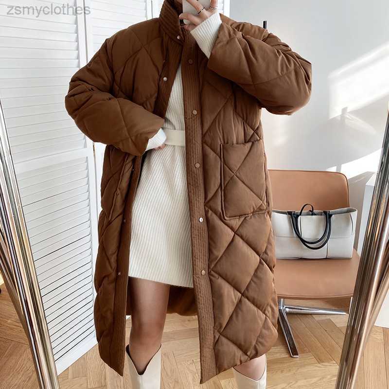

Women's Casual Winter Stand-up Collar Argyle Pattern Oversized Down Jacket Chic Parka New Korean Style Long Cotton-padded Coat, Apricot