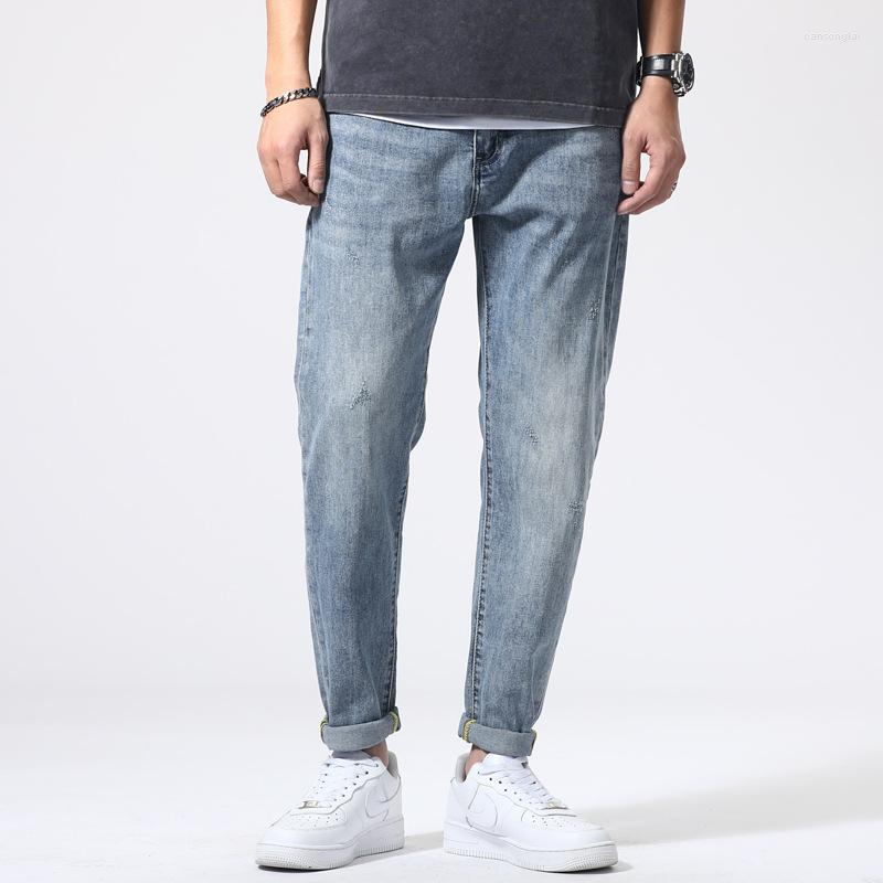 

Men's Jeans Slim Feet Straight Nine Points Men's Casual Men Spring Tide Elastic Thin Slacks, Light blue