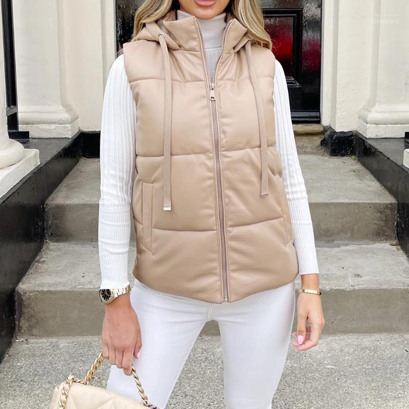 

Women's Vests Women's RR Casual Solid PU Leather Women Fashion Simple Hooded Coats Elegant Straight Slim Cotton Female Ladies, Khaki