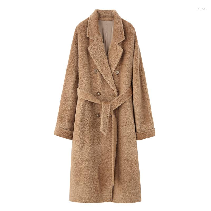 

Women's Wool 2022 High Quality Alpaca Coat Women Winter Reversible Thick Warm Jackets Female Long Overcoat Belt Slim Solid Woolen Coats, Pink