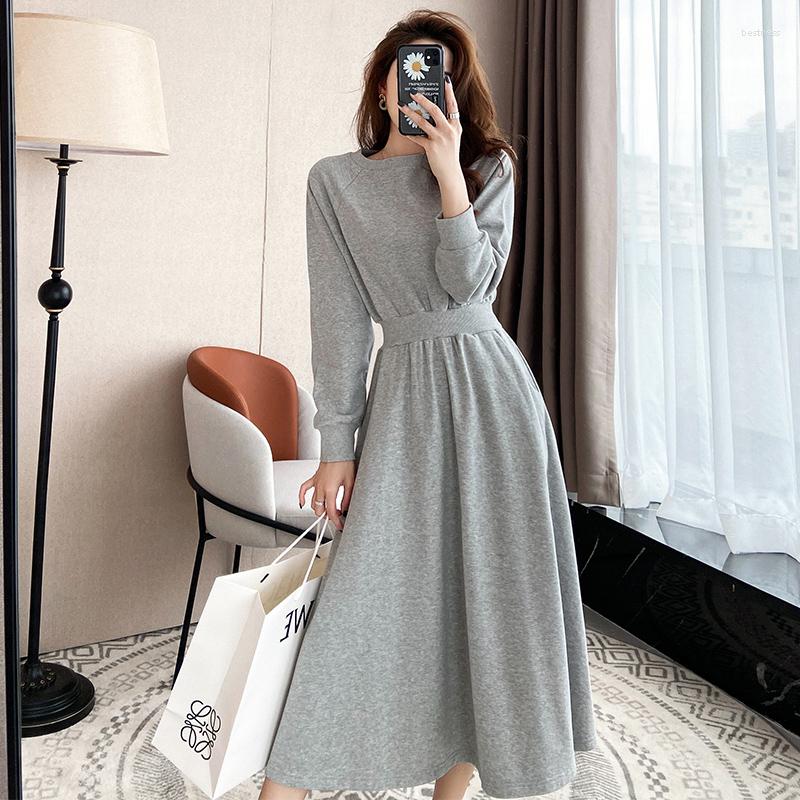 

Casual Dresses 2022 Winter Spring Women Cotton Thicken High Elastic Waist Long Minimalist Pockets Wild Warm Dress Mujer, Gray