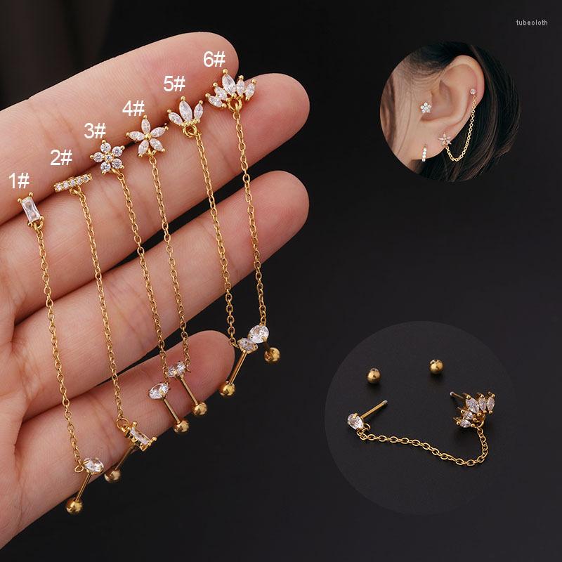 

Stud Earrings 1Piece Double Pierced Chain For Women 2022 Trend Korean Fashion Jewelry Piercing Flower Zircon Teens