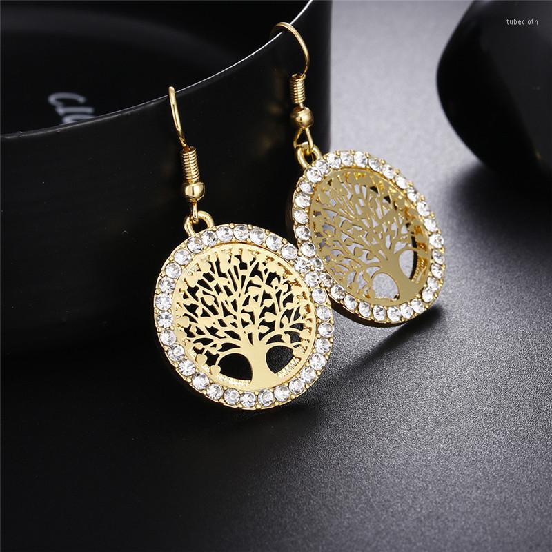 

Stud Earrings Gold Color Drop Crystal Women Hollow Out Tree Of Life Pattern Round Earring Moda Mujer Jewelry 2022 Fashion Pendientes