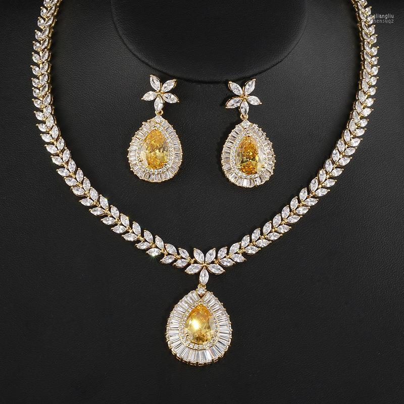 

Necklace Earrings Set & Fashion Jewelry Gold Color Zircon Water Drop Shape For Women Bridal Wedding Sets, Picture shown